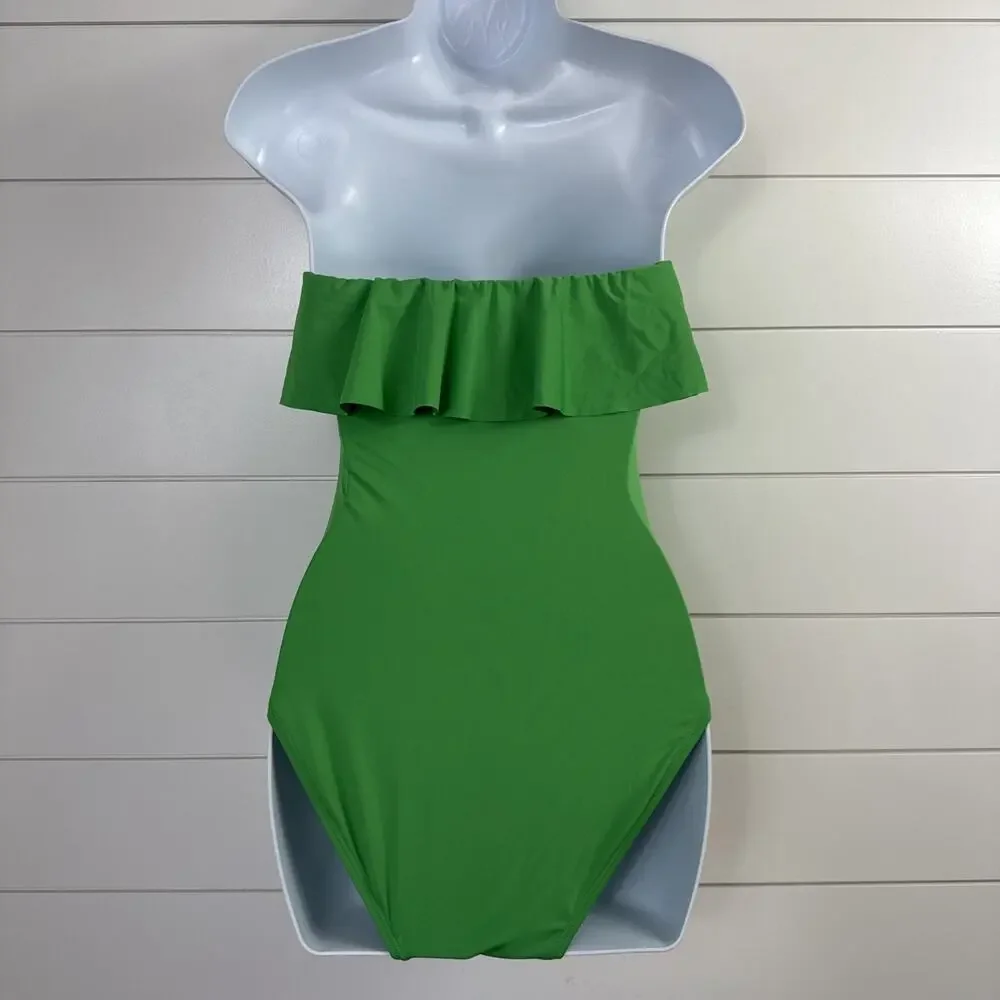 Kate Spade Ruffle One Piece Swimsuit Strapless Fern Moss Green sz XS
